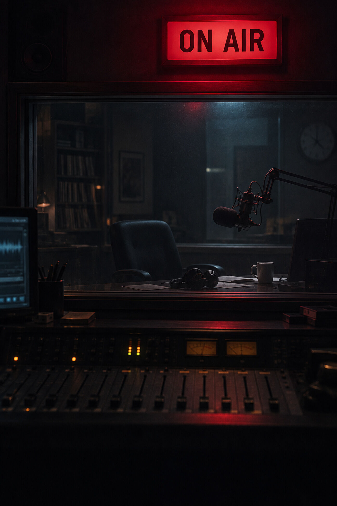 A late-night radio studio lit by a red ON AIR sign.