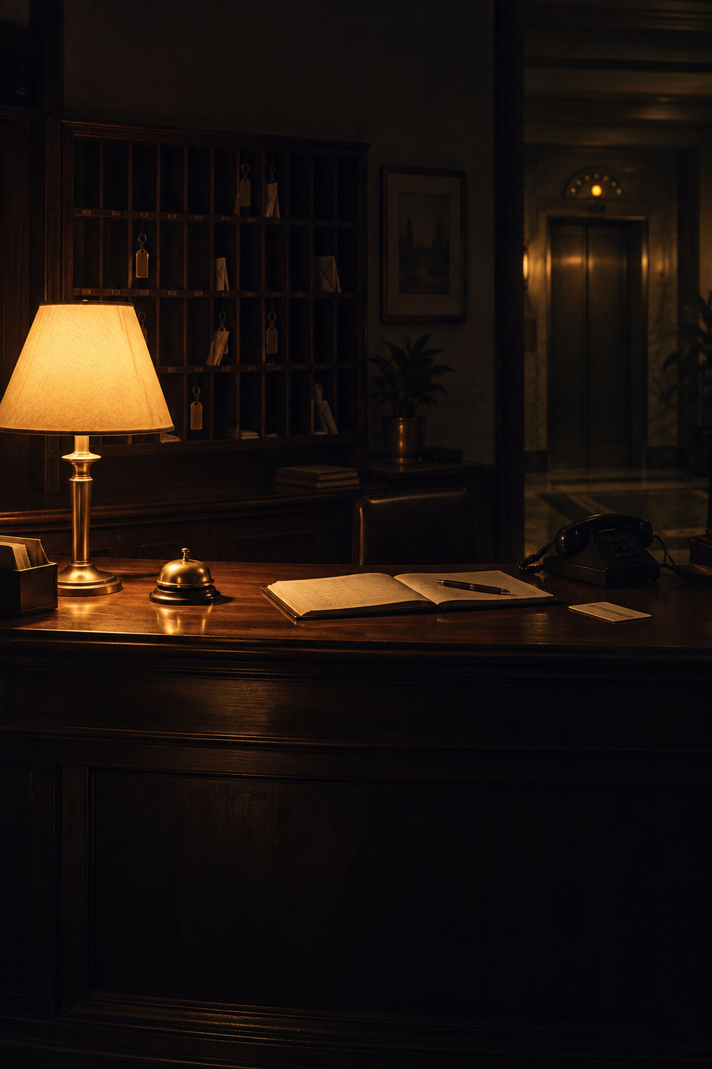A hotel reception desk at night under a single lamp.